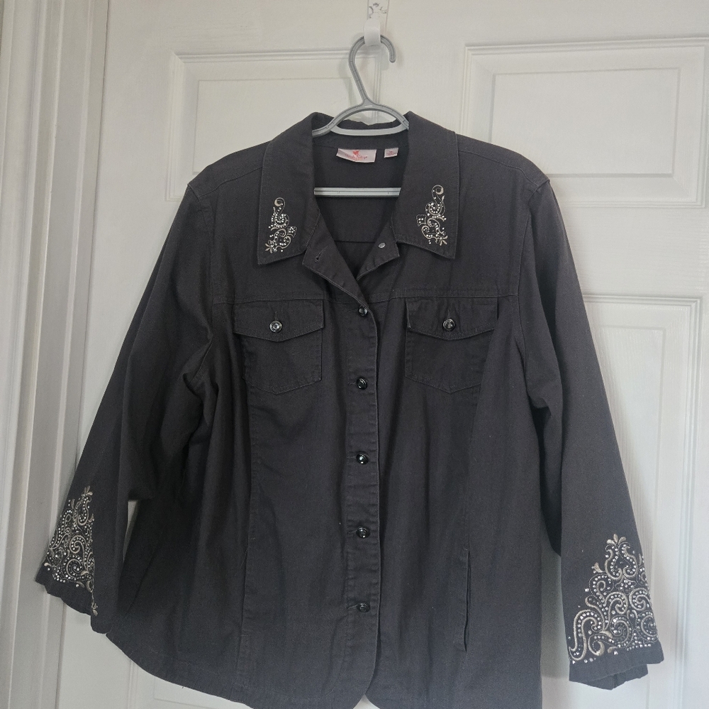 Quacker Factory Scroll Embellished Woven Jacket Charcoal Gray Silver XL